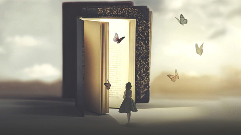poetic encounter between a woman and butterflies coming out of a book