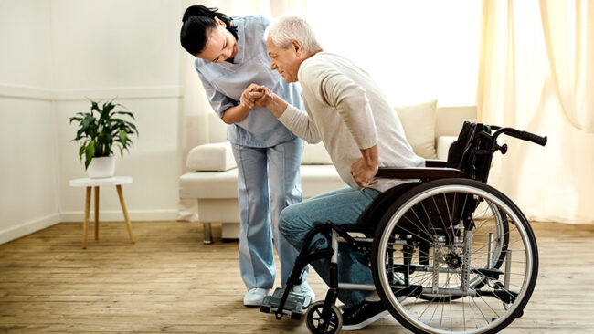 Nice aged man trying to get up