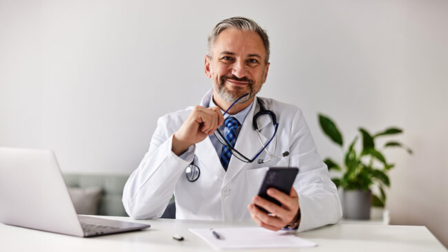 Portrait of a smiling doctor holding glasses and a mobile phone at the office.