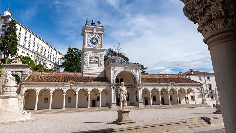 Exterior view of Loggia del Lionello in Udine with arched colonnade and stone walls